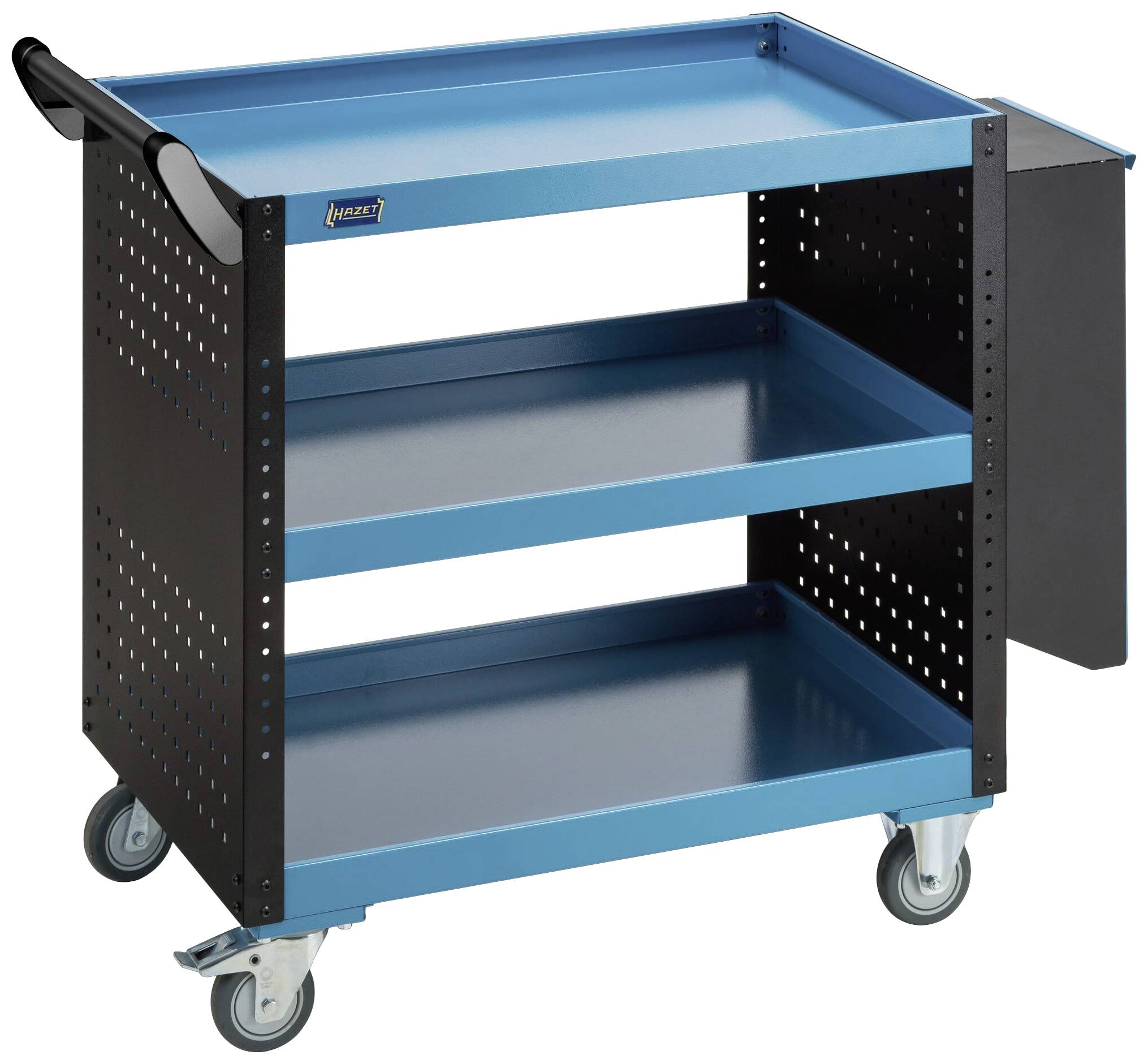 Rollwagen mit drei blauen Regalböden, schwarzen Seiten und vier Rädern, geeignet für Werkzeug- oder Materiallagerung in Werkstätten.