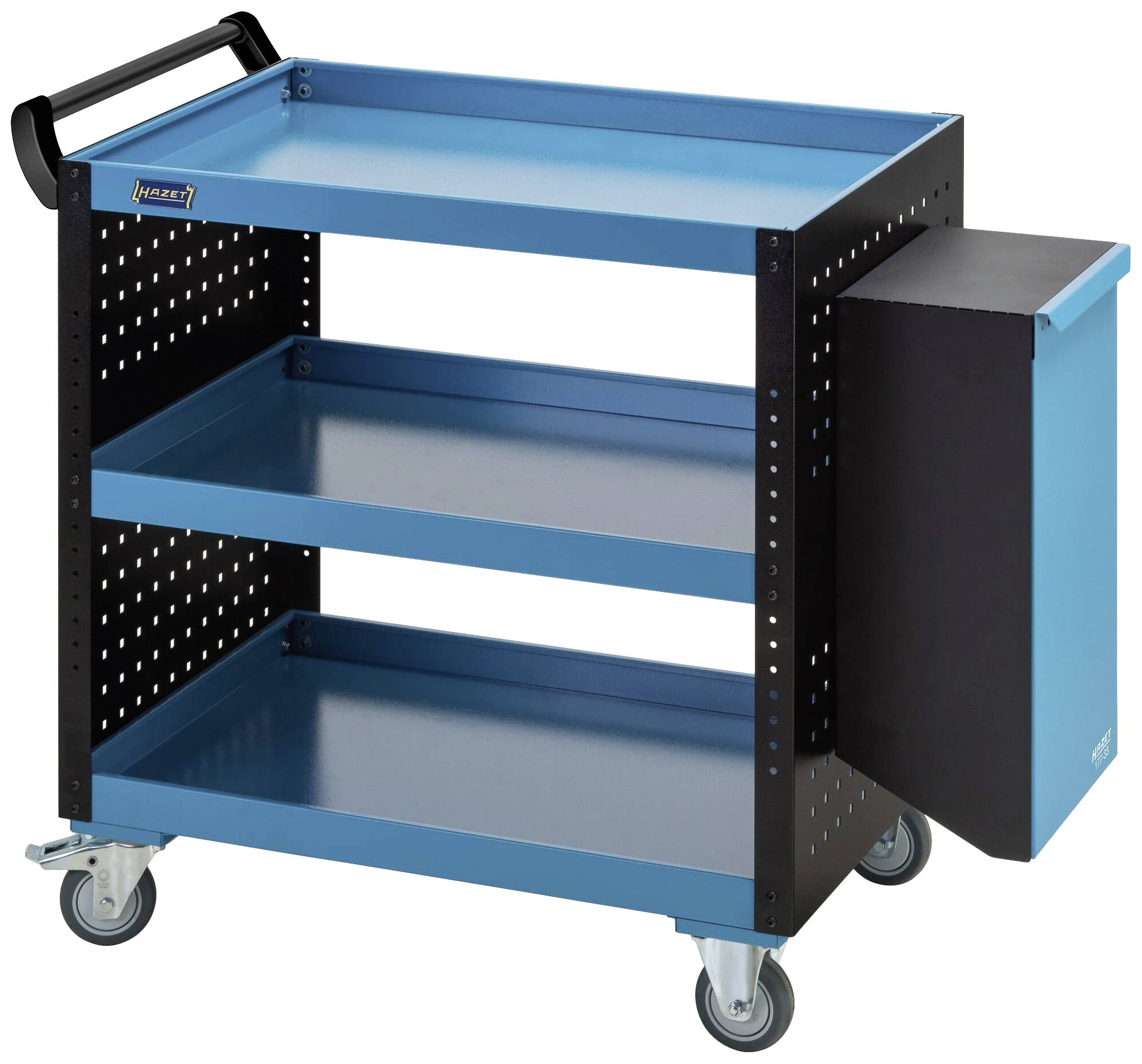 Ein blauer, rollbarer Werkstattwagen mit drei Ebenen und einer schwarzen Halterung an der Seite.