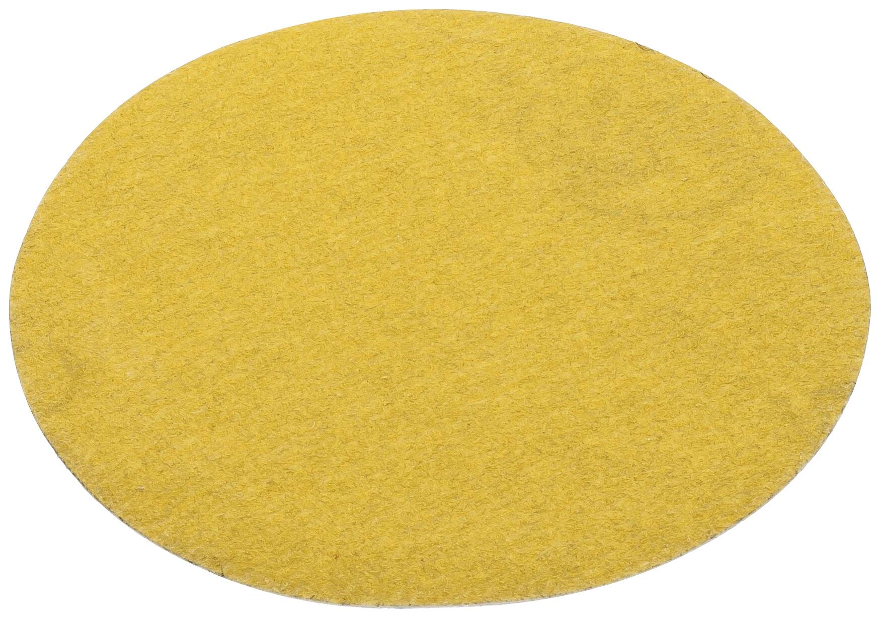 Gelbe, runde Schleifscheibe aus Schleifpapier, flach liegend. Sie wird zum Abschleifen von Materialoberflächen verwendet.