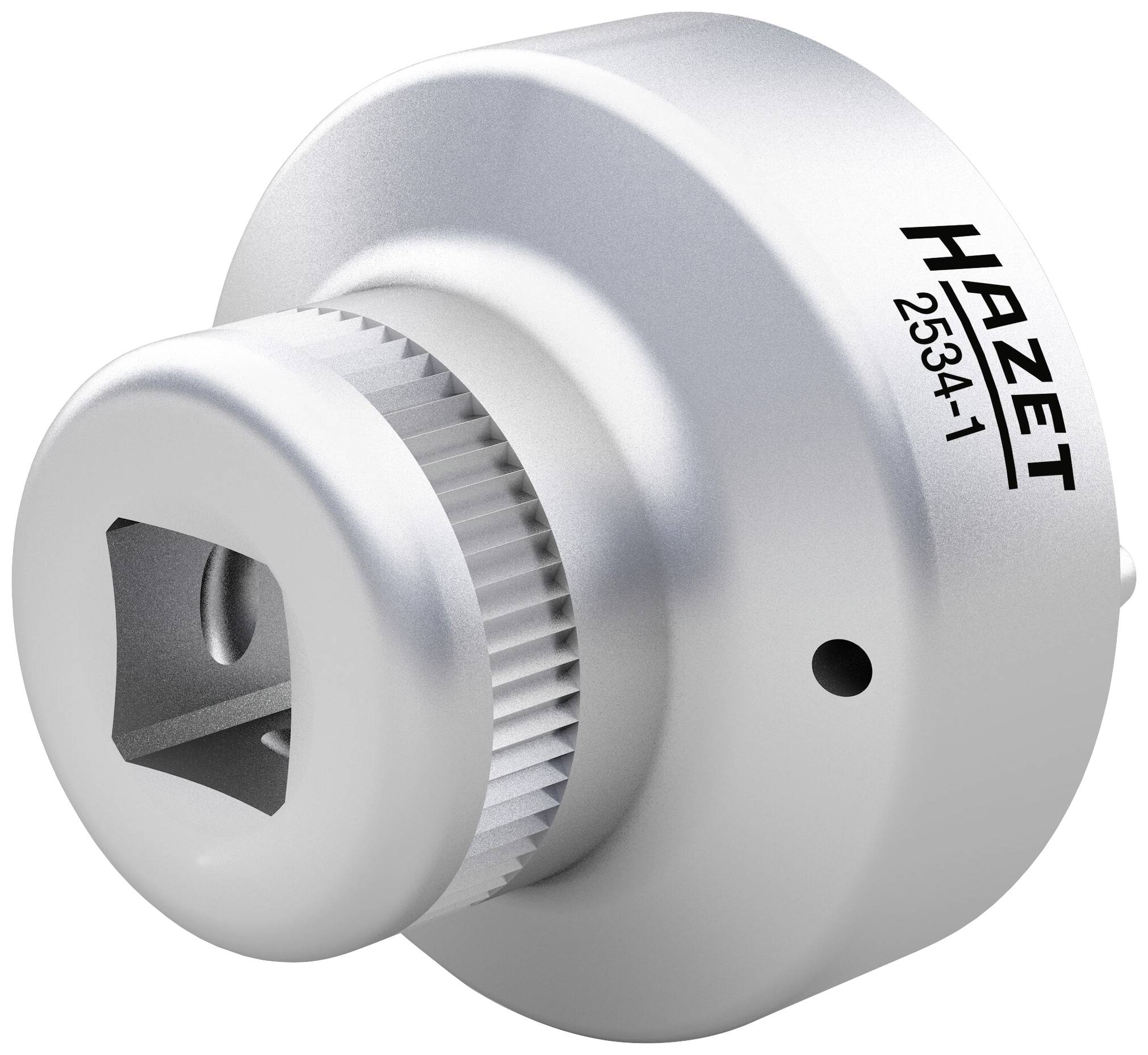 Ein silberner Adapter von Hazet mit der Aufschrift '2534-1', der eine Verbindung für Schraubwerkzeuge bietet.