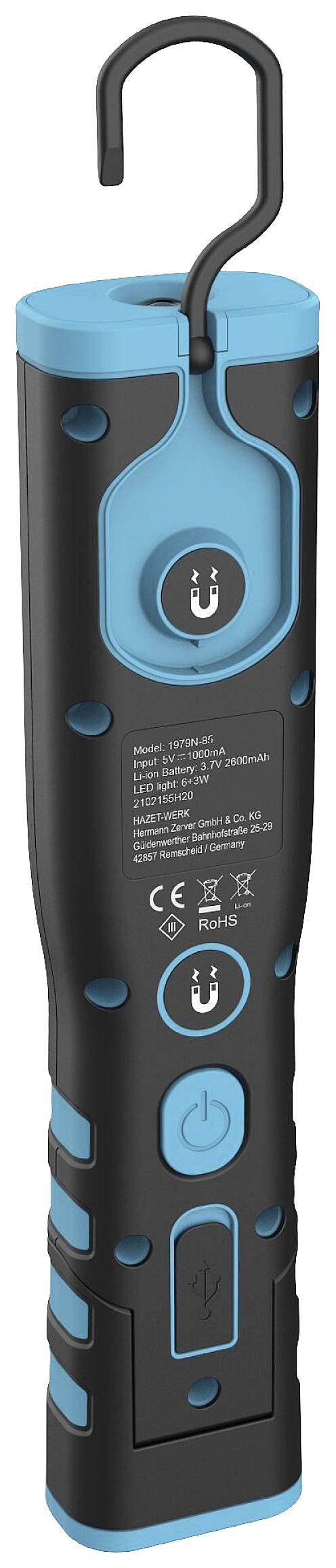 Schwarze und blaue LED-Werkstattlampe mit Haken und Einschaltknopf, ideal für den Einsatz in Werkstätten und Garagen geeignet.