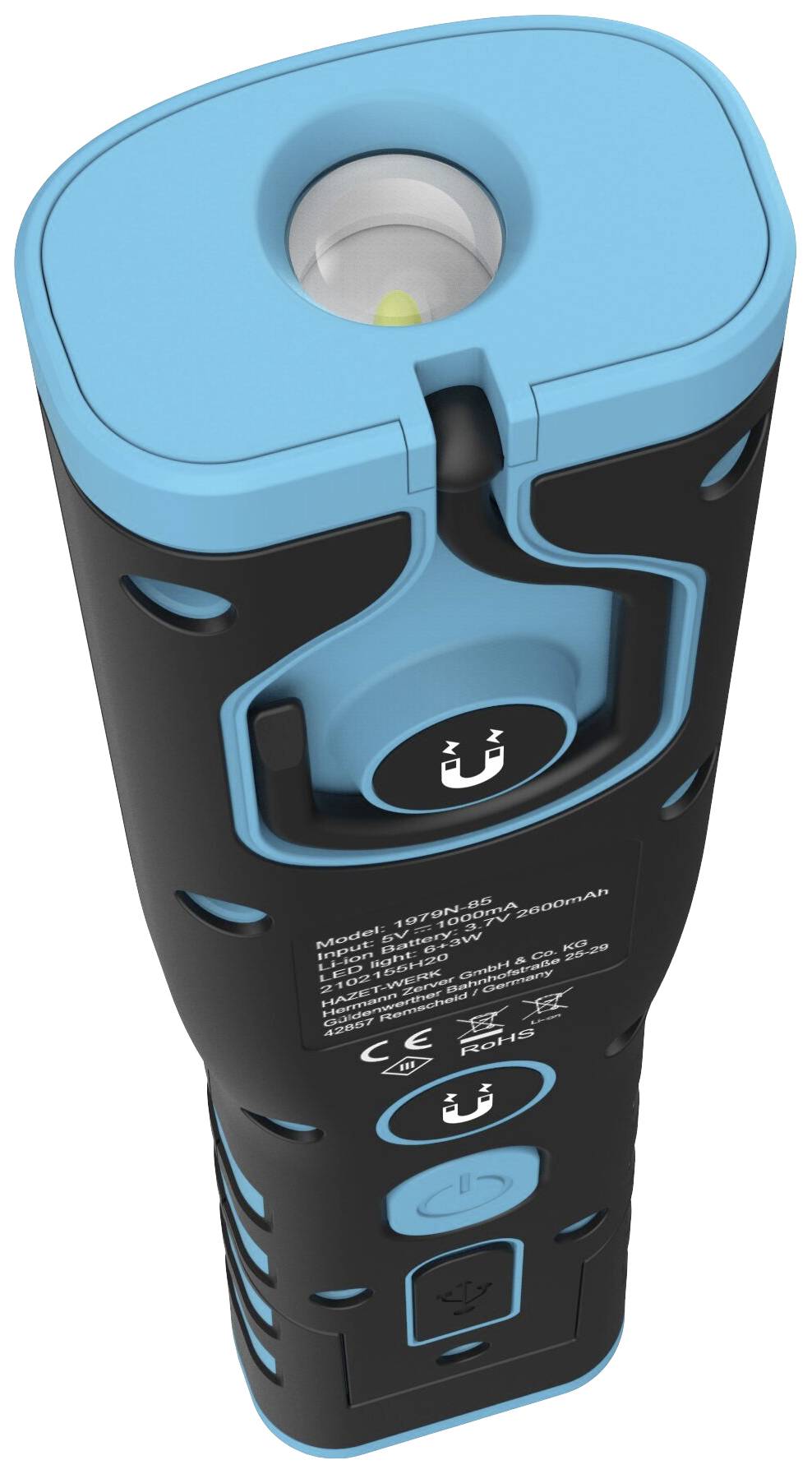 Ein blau-schwarzes Handgerät, vermutlich ein elektrisches Werkzeug oder Messgerät, mit Knöpfen und Display auf der Vorderseite.