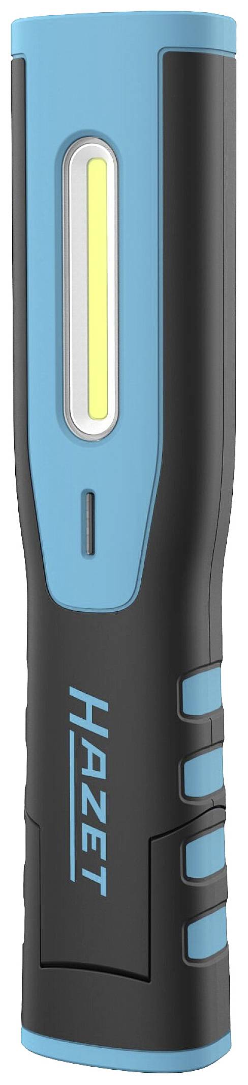 Eine tragbare LED-Arbeitsleuchte mit blau-schwarzem Gehäuse. Auf dem Griff steht 'HAZET'.