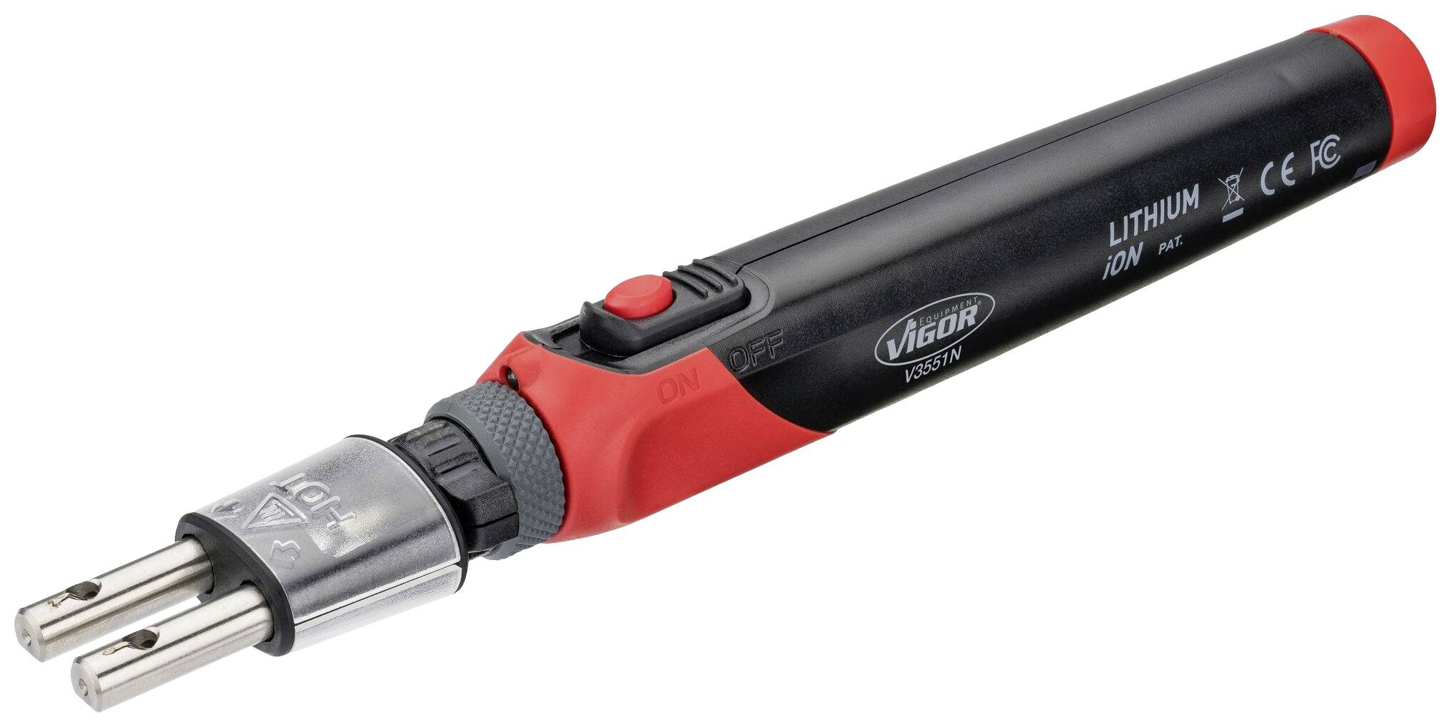 Ein schwarzer und roter elektrischer Lötkolben mit silberner Spitze. Enthält Markierung 'Vigor' und 'Lithium Ion'.