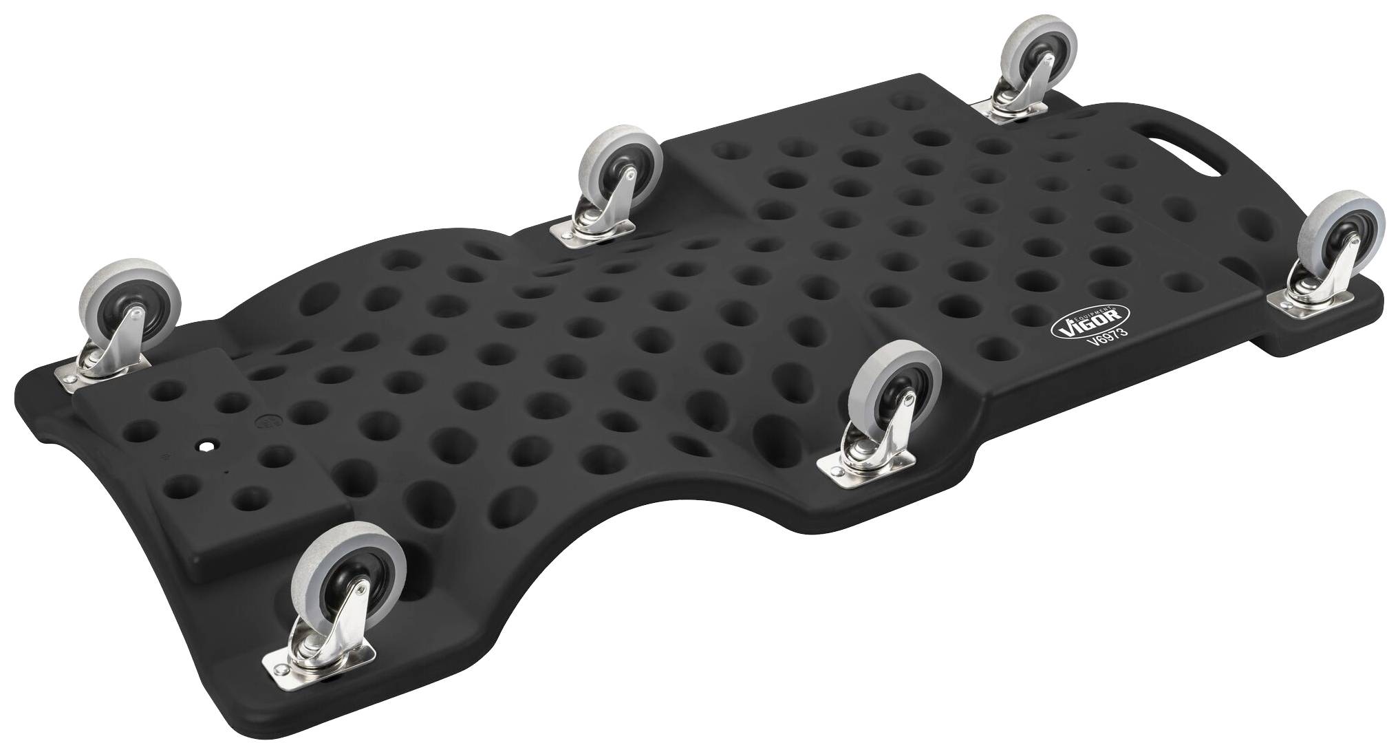 Schwarzes, rollbares Mechanikerbrett mit mehreren Rädern und perforierter Oberfläche für einfaches Rangieren unter Fahrzeugen.