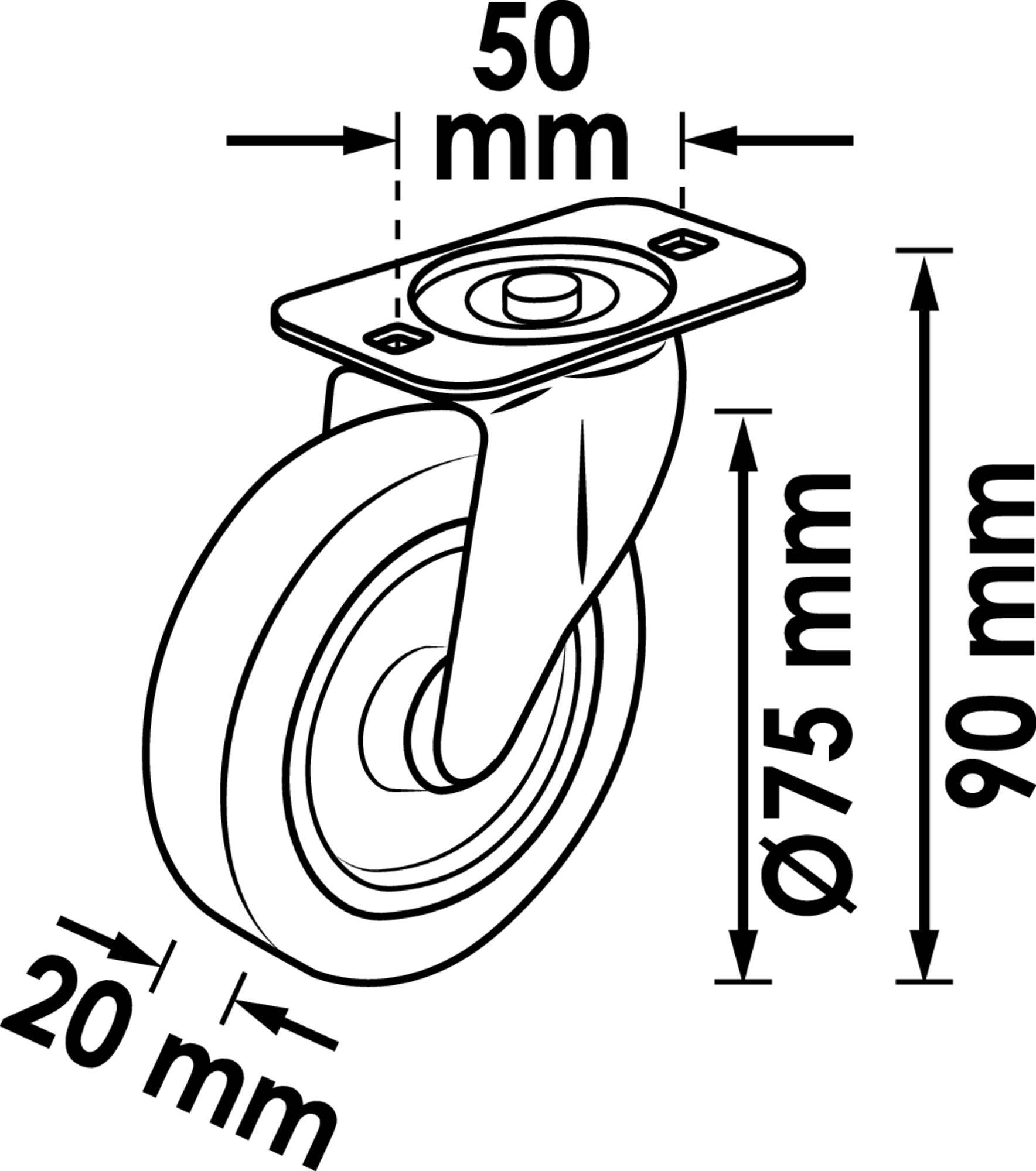 'Skizze eines Lenkrollenrads mit Abmessungen: 50 mm Montageplatte, 75 mm Raddurchmesser, 90 mm Gesamthöhe, 20 mm Breite.'