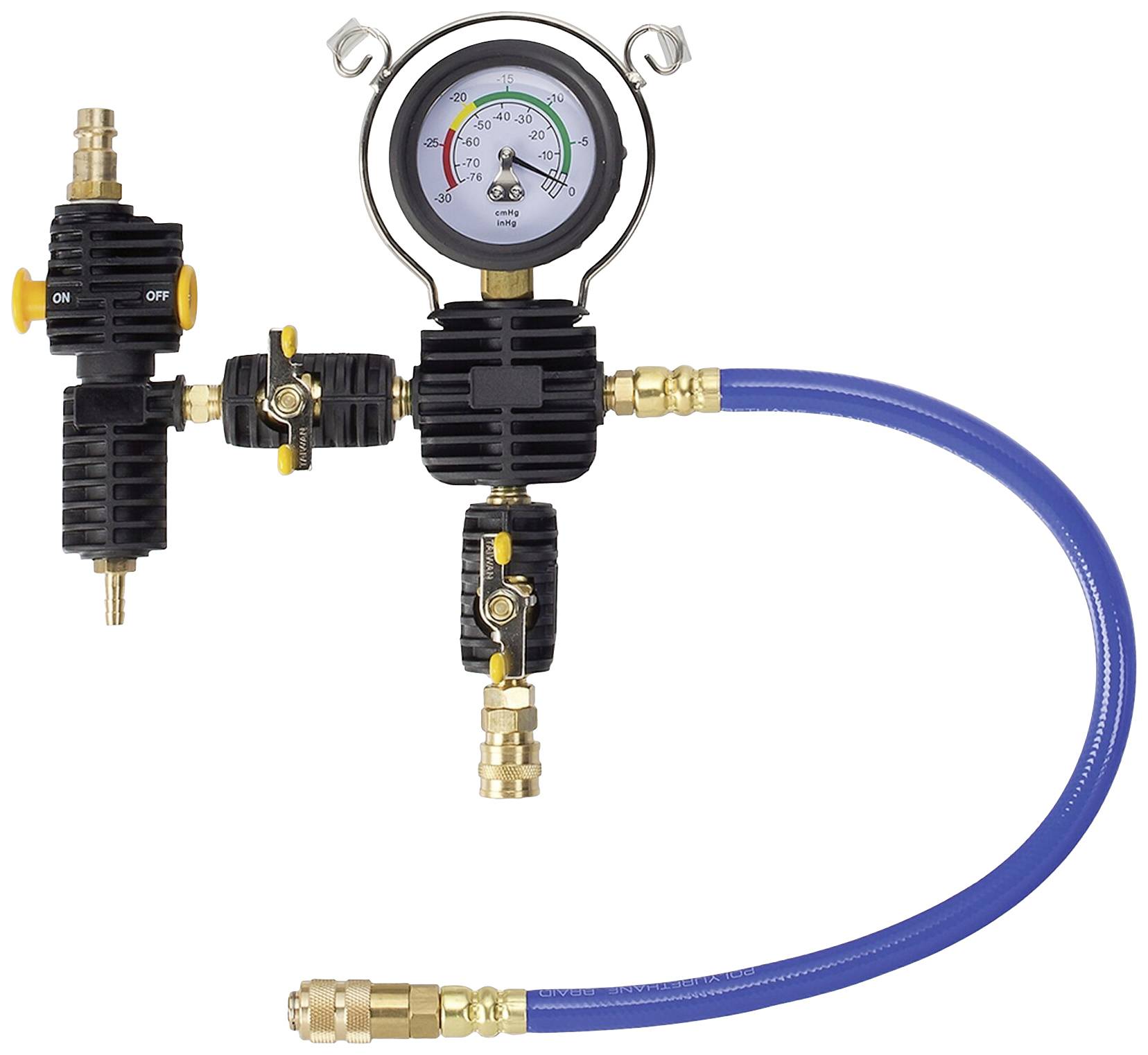 Ein Druckregler mit Manometer und blauer Schlauch. Das Manometer zeigt Druckbereiche in Bar und PSI an, wichtig für präzise Einstellungen.