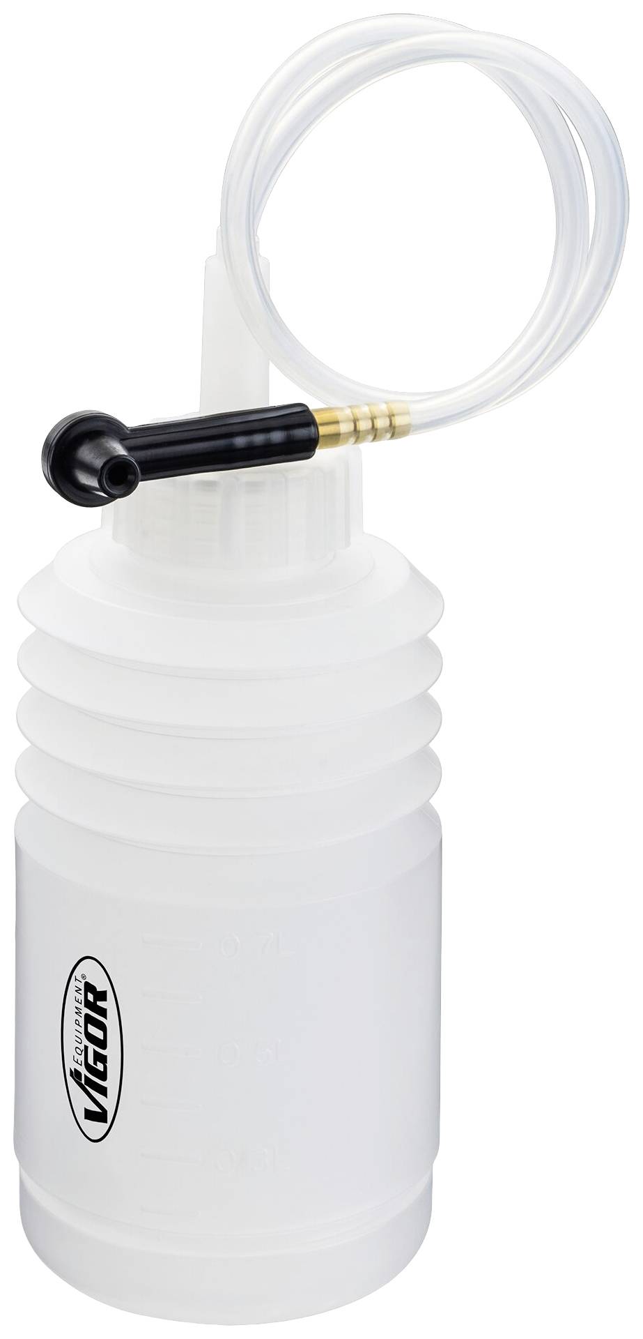 Eine transparente Flasche mit flexiblem Schlauch und schwarzem Ventilaufsatz, wahrscheinlich für Flüssigkeitstransfer konzipiert.