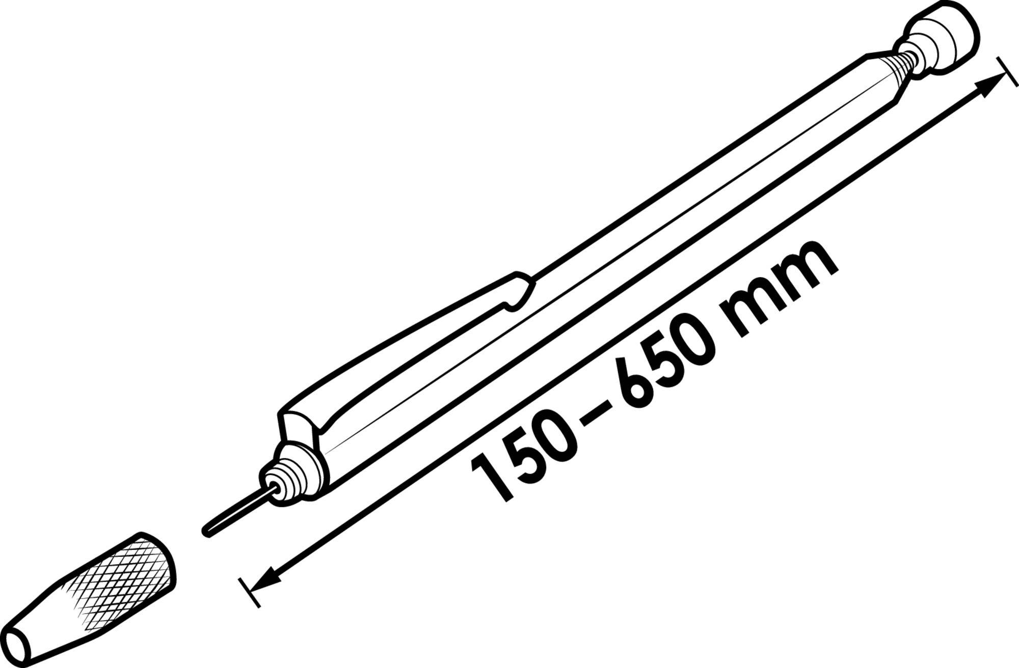 Zeichnung eines einstellbaren Werkzeugs mit der Angabe '150–650 mm' für die Länge. Links liegt eine abnehmbare Kappe.