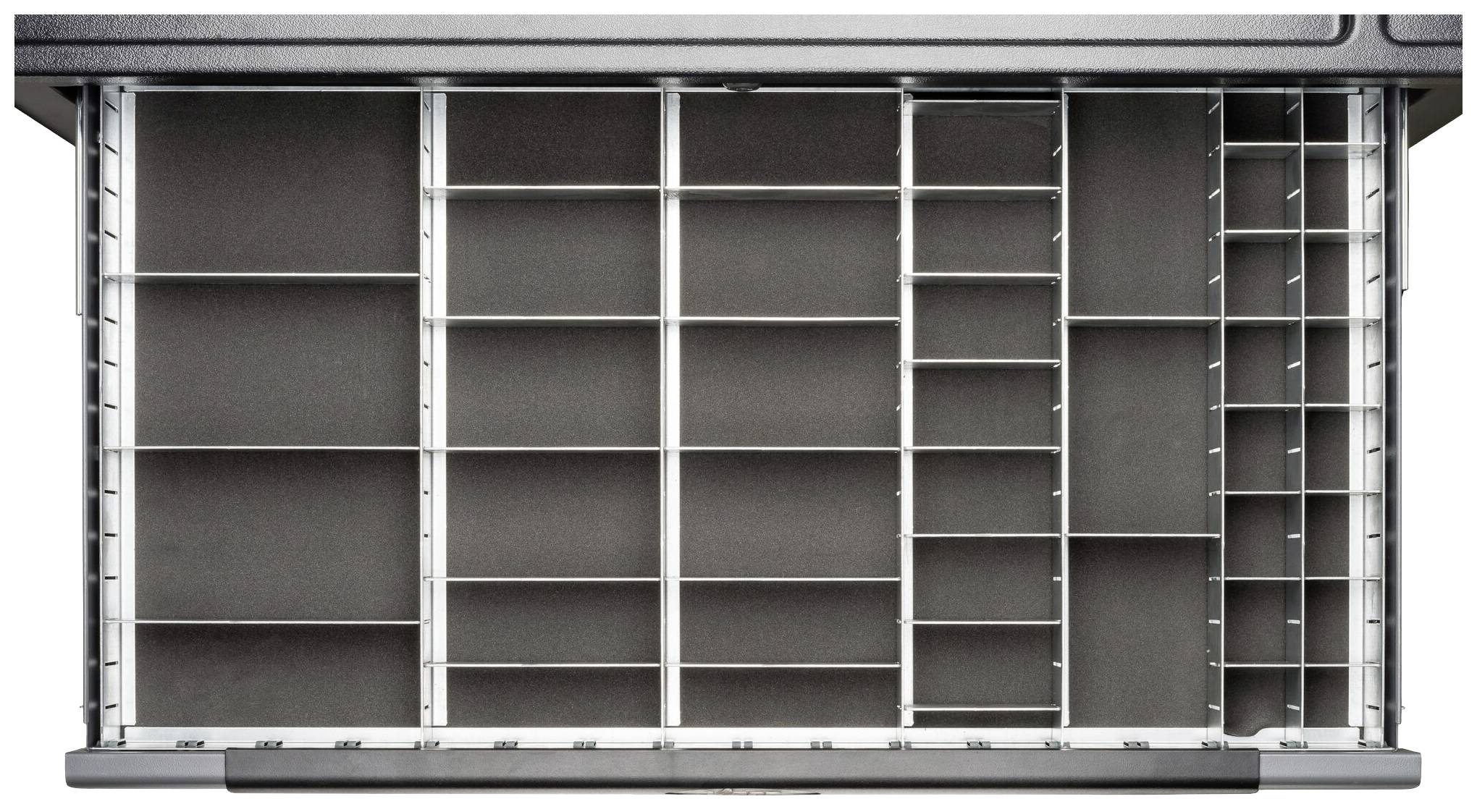 Ein geöffneter, leerer Schubladeneinsatz mit mehreren Fächern zur Aufbewahrung und Organisation. Grafitfarbe bietet ein elegantes Design.