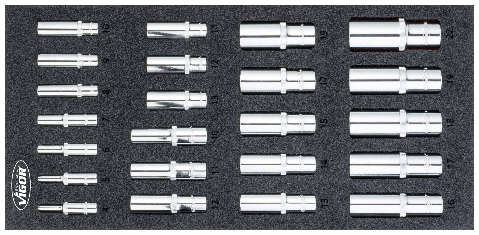 VIGOR Steckschlüsseleinsatz Satz ∙ lang ∙ V4977 ∙ Vierkant hohl 6,3 mm (1/4 Zoll), Vierkant hohl 10 mm (3/8 Zoll), Vierk
