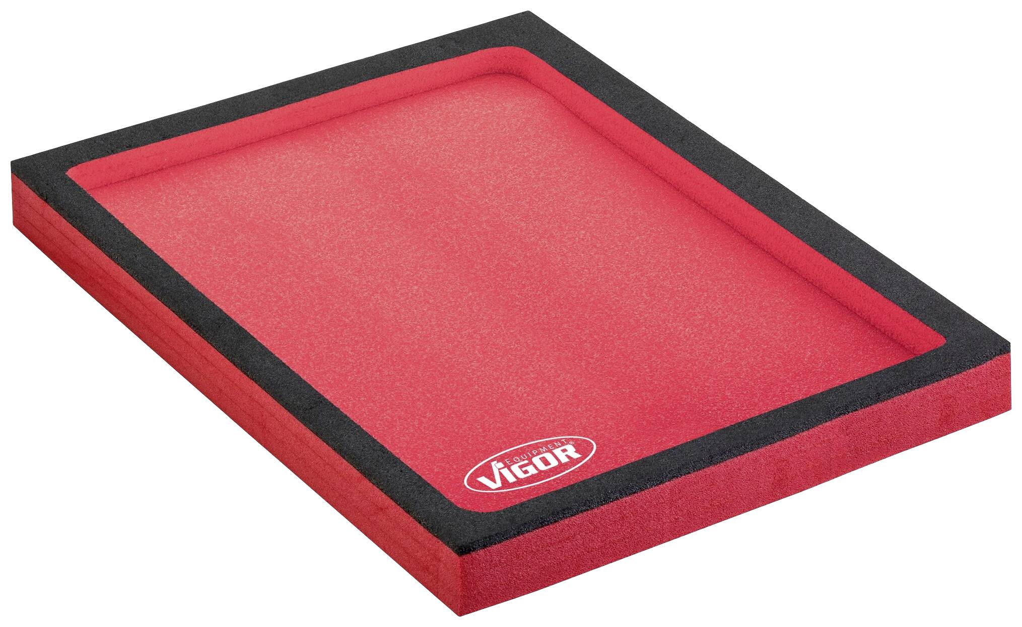 Roter Schaumstoff-Reinigungsblock mit schwarzem Rand von 'Vigor'. Zum Reinigen von Oberflächen, rechteckig, mit Schaumlogo.