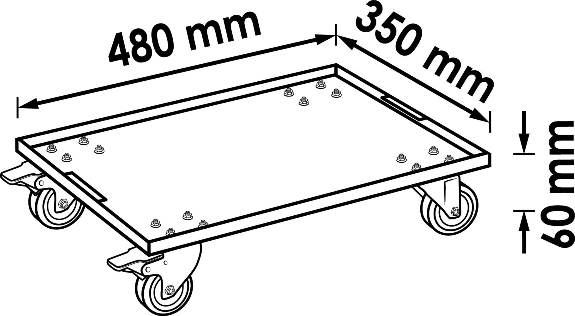 Abbildung zeigt eine rechteckige Transportplattform mit Maßen 480 mm x 350 mm x 60 mm und vier Rollen, zwei davon sind lenkbar.