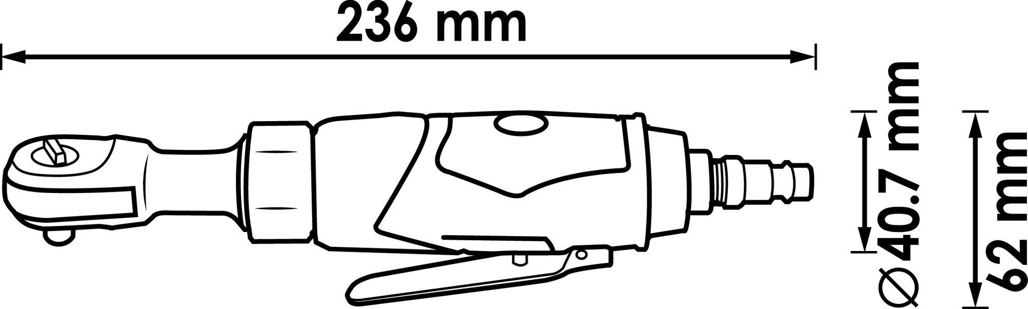 Zeichnung eines pneumatischen Werkzeugs mit den Maßen: Länge 236 mm, Höhe 62 mm, Breite 40,7 mm.