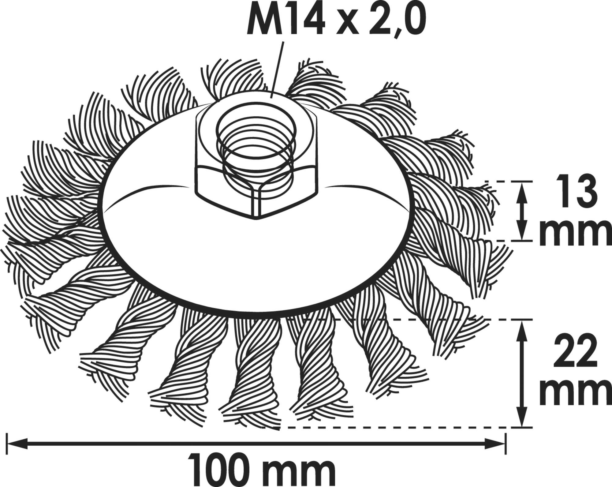Drahtbürstenaufsatz mit den Maßen: Durchmesser 100 mm, Höhe 22 mm, Lochgröße M14 x 2,0, Drahtdicke 13 mm.