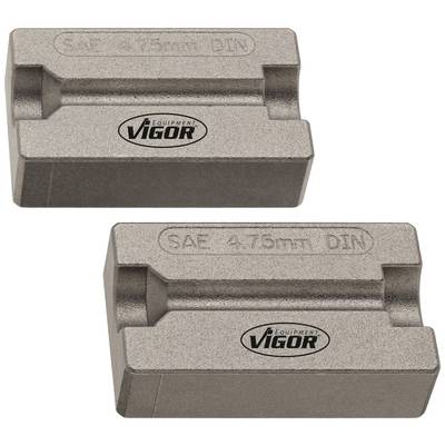 Zwei metallische Werkzeuge mit der Aufschrift 'SAE 4,75 mm DIN', jeweils mit dem Logo von VIGOR, verwendet zum Bördeln von Leitungen.