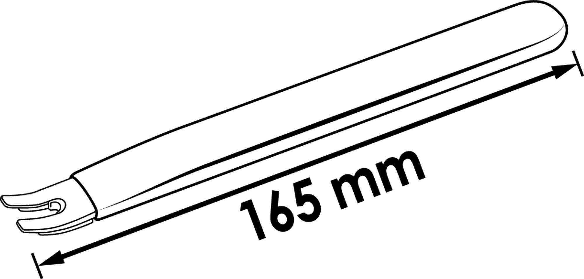 Zeichnung eines Werkzeugs mit einem Haken an einem Ende. Die Länge ist mit 165 mm angegeben.