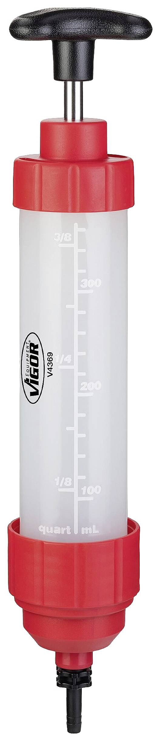 Rote manuelle Pumpe mit Griff und Skala auf durchsichtigem Zylinder, geeignet für Flüssigkeitstransfer oder Luftdruckanwendungen.