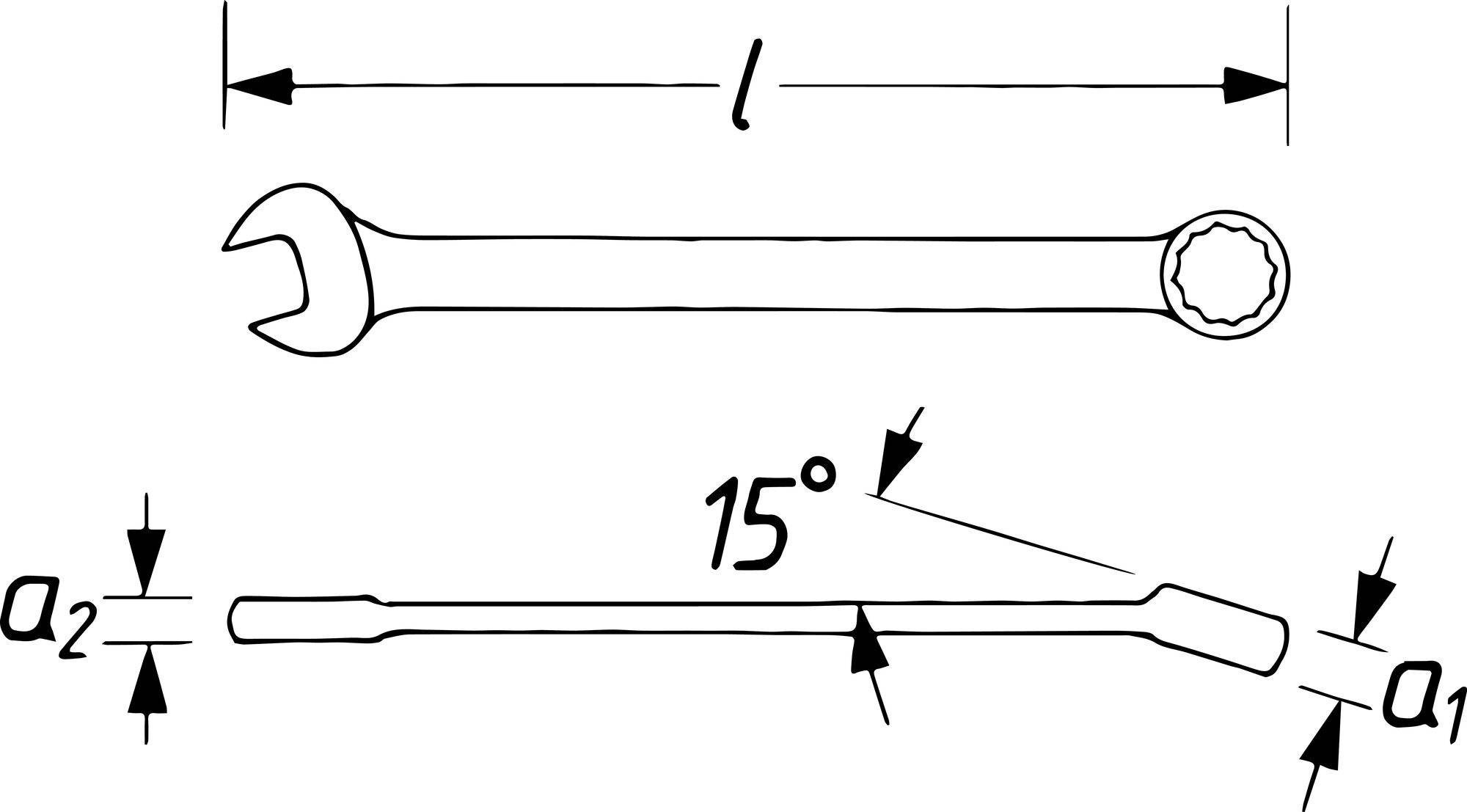 Abbildung eines Schraubenschlüssels in Seitenansicht, zeigt Länge (l), Kopfwinkel von 15 Grad, Maße a1 und a2 hervorgehoben.