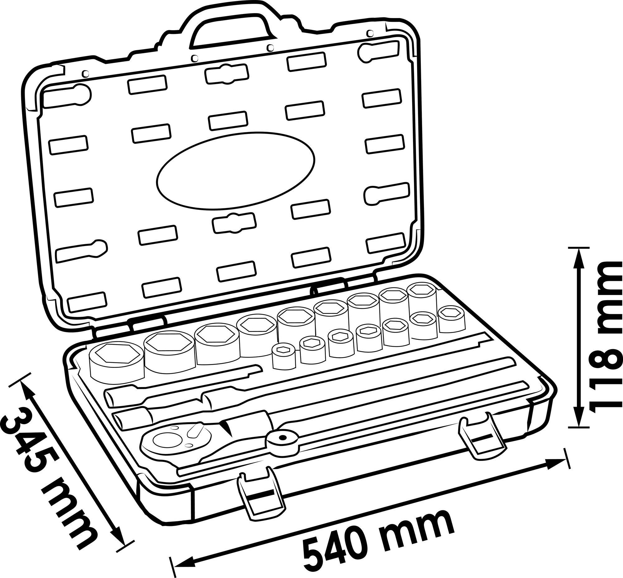 Werkzeugkoffer mit Ratsche, Steckschlüsseln und Verlängerungen, geöffnet, mit Maßen: 540 mm Breite, 345 mm Tiefe, 118 mm Höhe.