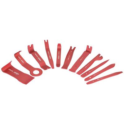 Rotes Kunststoff-Werkzeugset bestehend aus verschiedenen Formen und Größen, zur Verwendung bei der Autoreparatur und Innenverkleidungsentfernung.