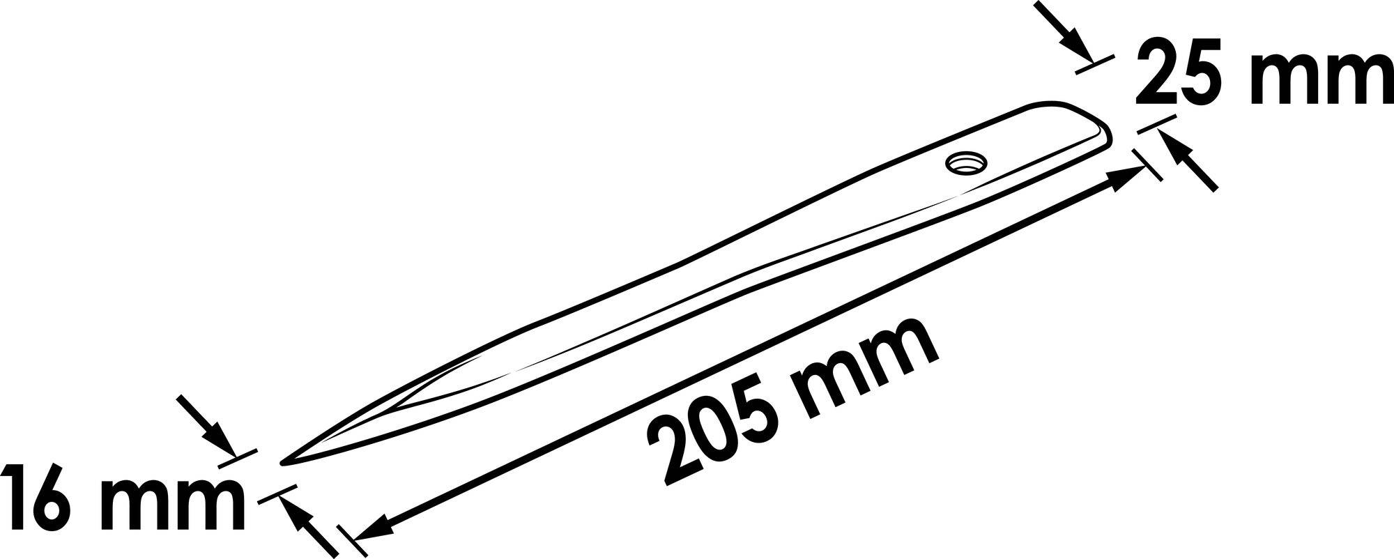 'Zeichnung eines Meißels mit Abmessungen: Länge 205 mm, Breite 25 mm, Höhe 16 mm.'