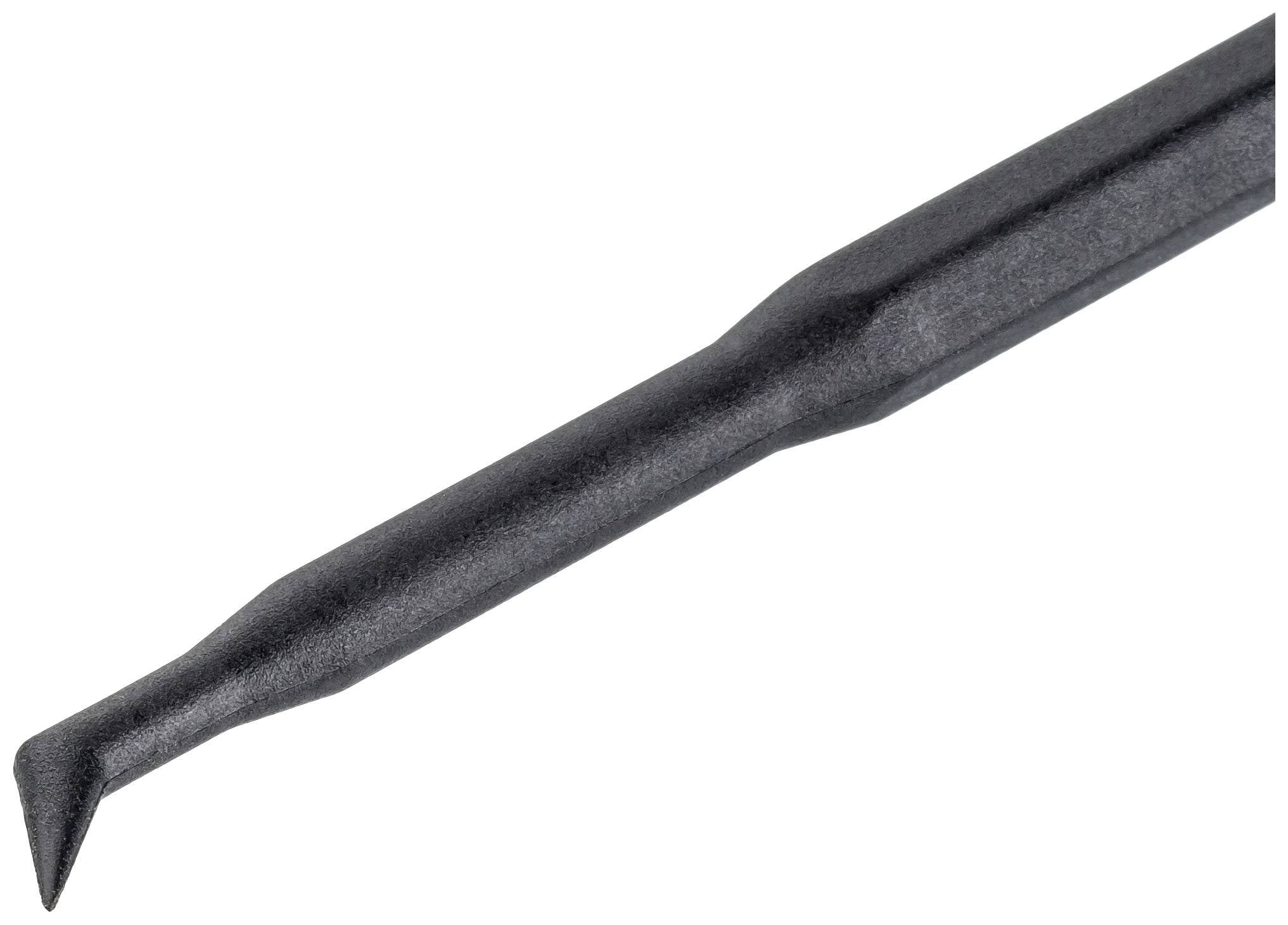 Eine schwarze Kunststoffspitze eines Werkzeugs mit einem schrägen Ende, das zum Entfernen oder Öffnen kleiner Komponenten geeignet ist.