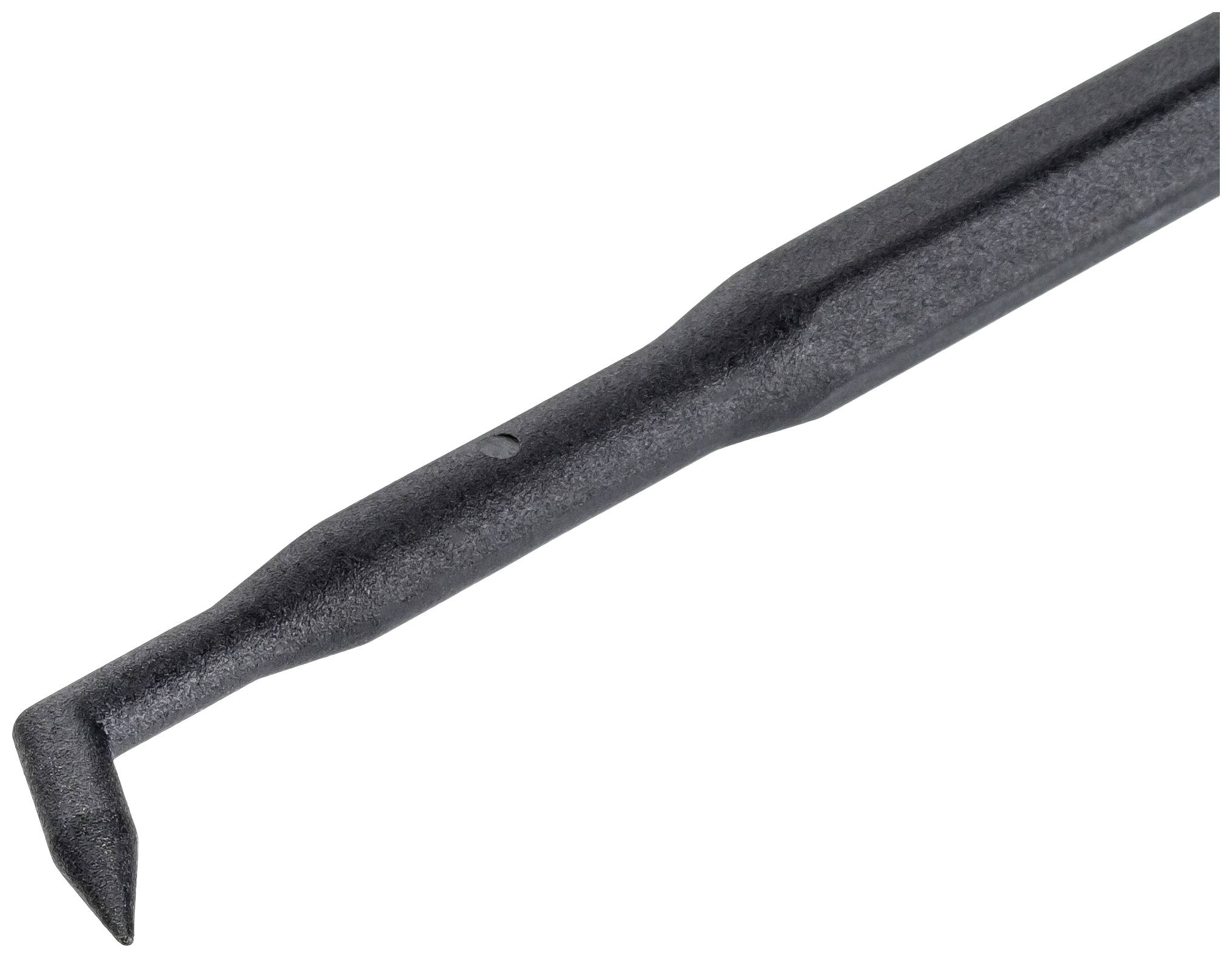 Ein schwarzes Plastikwerkzeug mit einem spitzen, gebogenen Ende, das zum Öffnen von Kunststoffgehäusen oder geklebten Teilen verwendet wird.