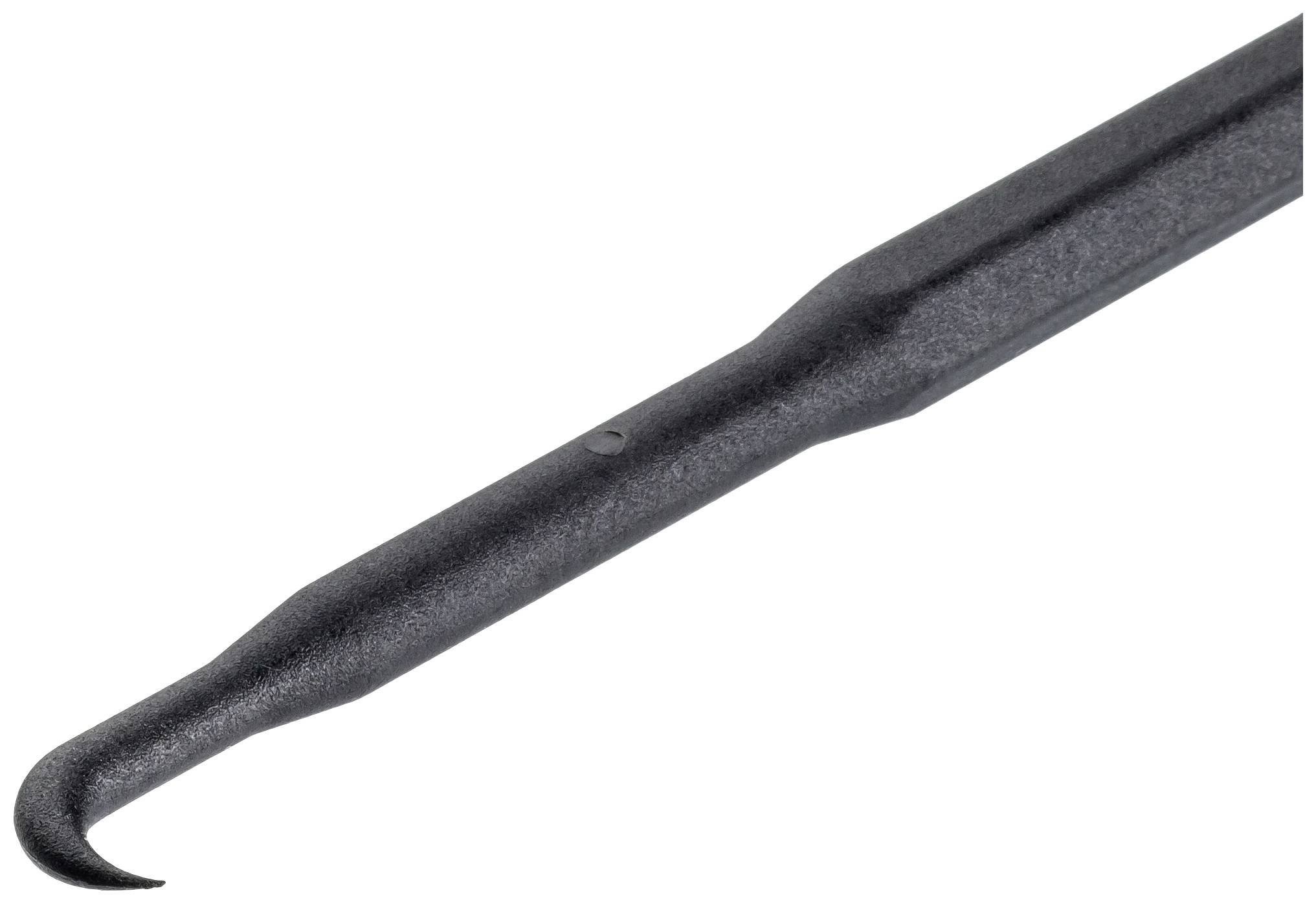 Ein schwarzes Werkzeug mit einem Hakengriffendstück, das möglicherweise zum Greifen oder Ziehen verwendet wird.