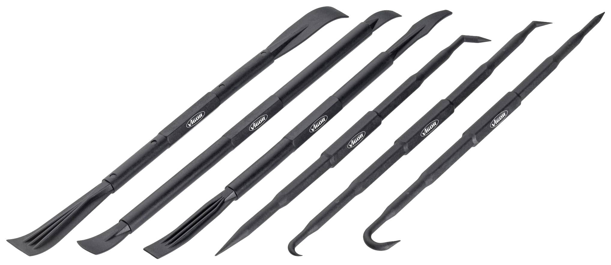 Sechs schwarze Kunststoff-Werkzeuge mit unterschiedlichen Spitzen und Haken, die für Reparaturen und DIY-Arbeiten verwendet werden.