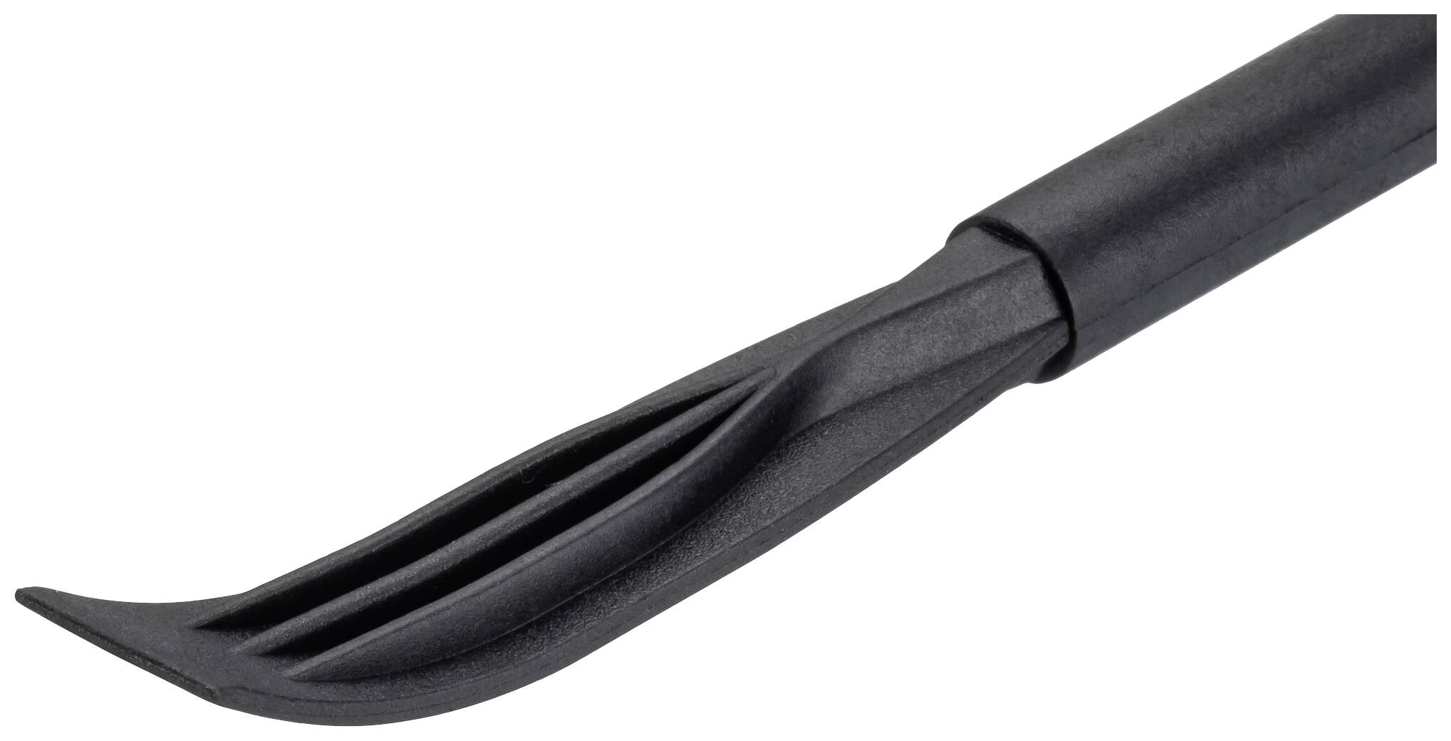 Ein schwarzes Kunststoffwerkzeug mit geriffelter Spitze; dient zur Reinigung von Zahnbelägen.