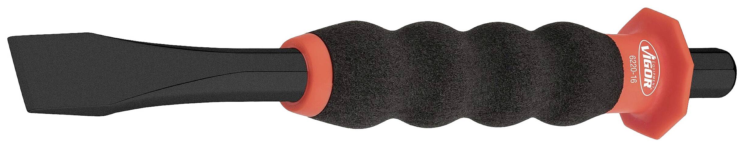 Schwarzer Flachmeißel mit ergonomischem, schwarzem Griff und rotem Schutz. Geeignet für Holz- oder Bauarbeiten.