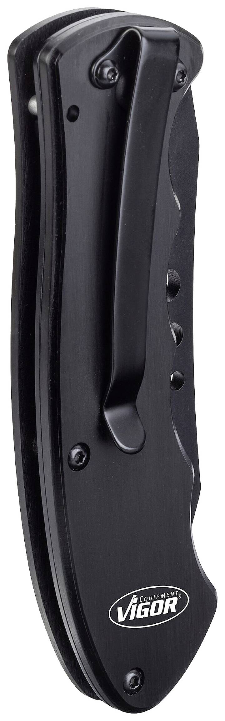 Schwarzes, zusammengeklapptes Taschenmesser mit Gürtelclip, Marke 'VIGOR', zeigt die Rückseite ohne sichtbare Klinge oder Details.