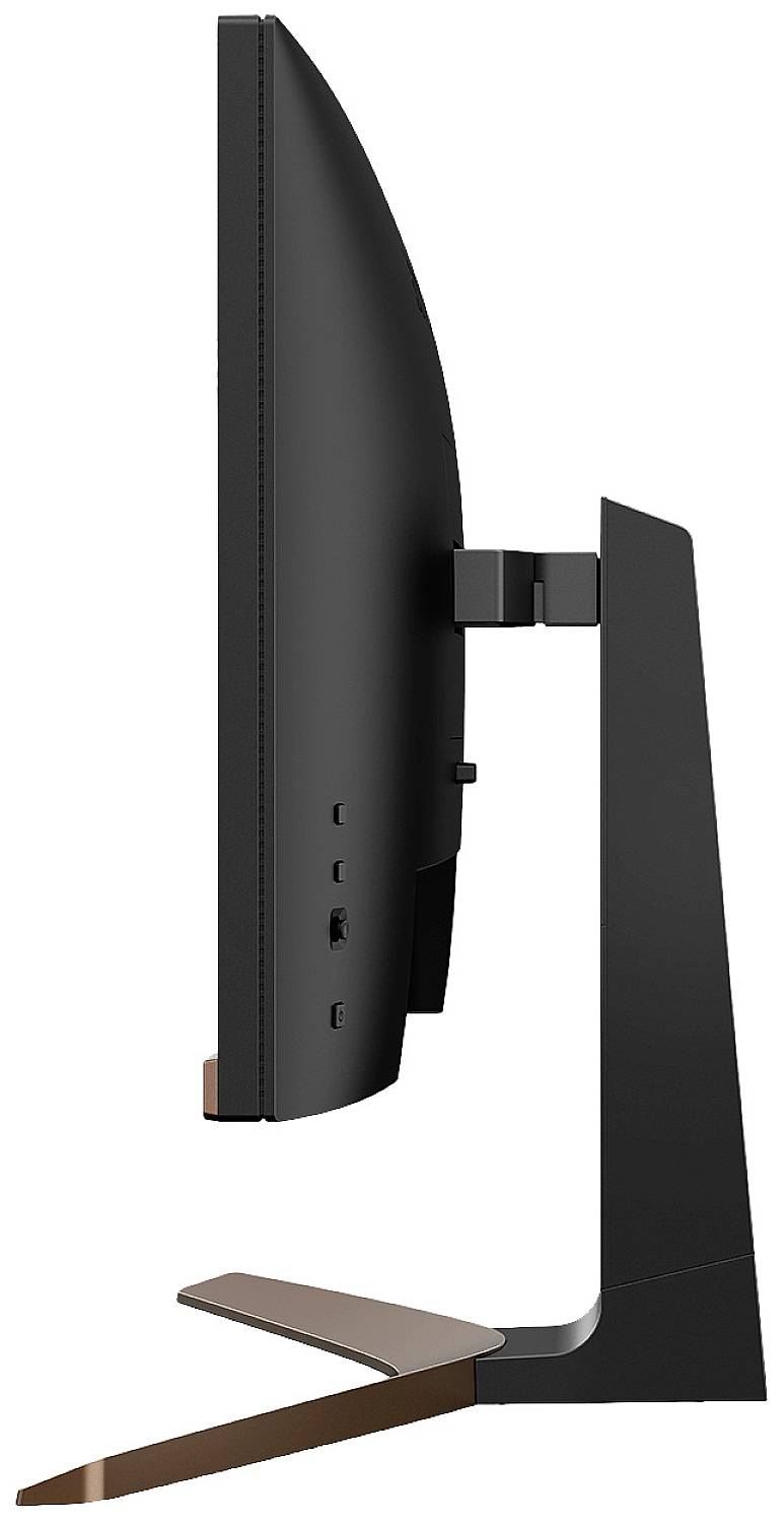 Seitenansicht eines modernen Computermonitors mit schlankem Design und schmalem Standfuß.