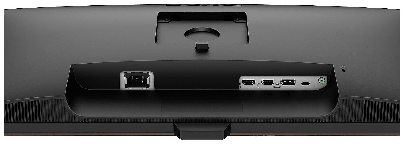 Die Rückseite eines Computerbildschirms zeigt mehrere Anschlussmöglichkeiten: HDMI, DisplayPort, USB und Audiobuchse.