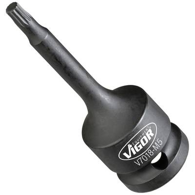 Bitaufsatz mit Torx-Profil und schwarzer Beschichtung. Markierung mit 'Vigor V7018-M5'. Verwendet für Schraubarbeiten.