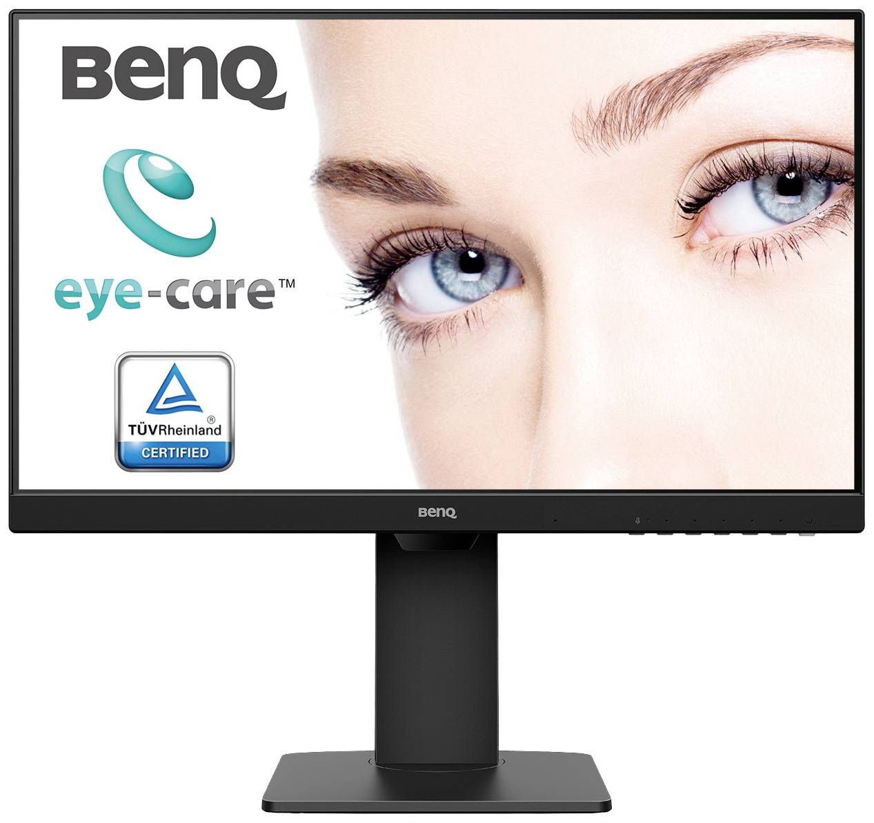 Ein Monitor zeigt ein Gesicht mit nah aufgenommenen Augen. Logos von 'BenQ', 'eye-care' und 'TÜV Rheinland Certified' sind sichtbar.