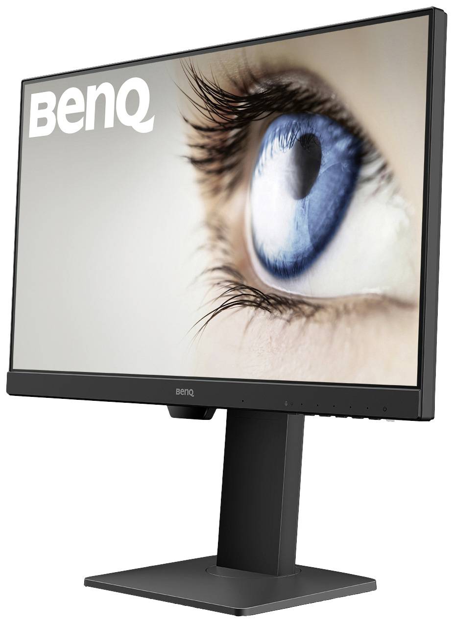 Ein Bildschirm mit einem großen Bild eines blauen Auges auf dem Display, daneben das Logo 'BenQ' in Weiß.