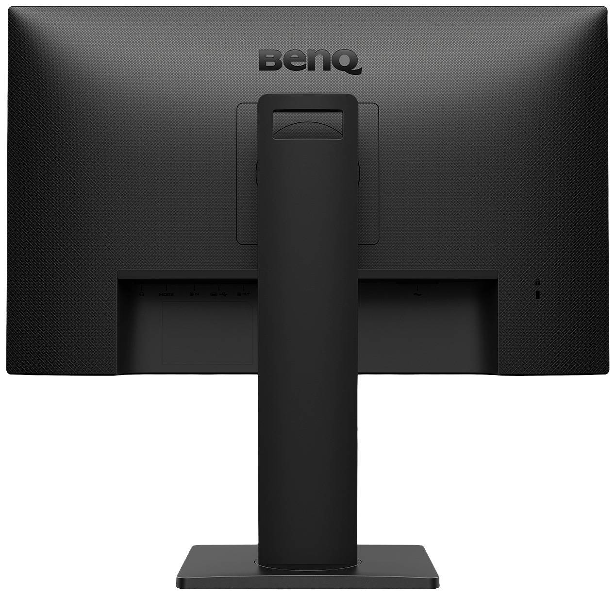 Ein schwarzer Computerbildschirm der Marke BenQ, von hinten gezeigt.