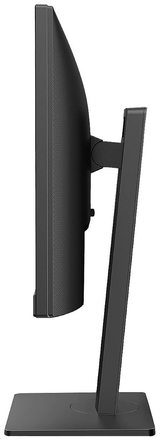 Seitenansicht eines schwarzen Computermonitors auf einem Standfuß, zeigt das schlanke Design und die schmale Tiefe des Bildschirms.