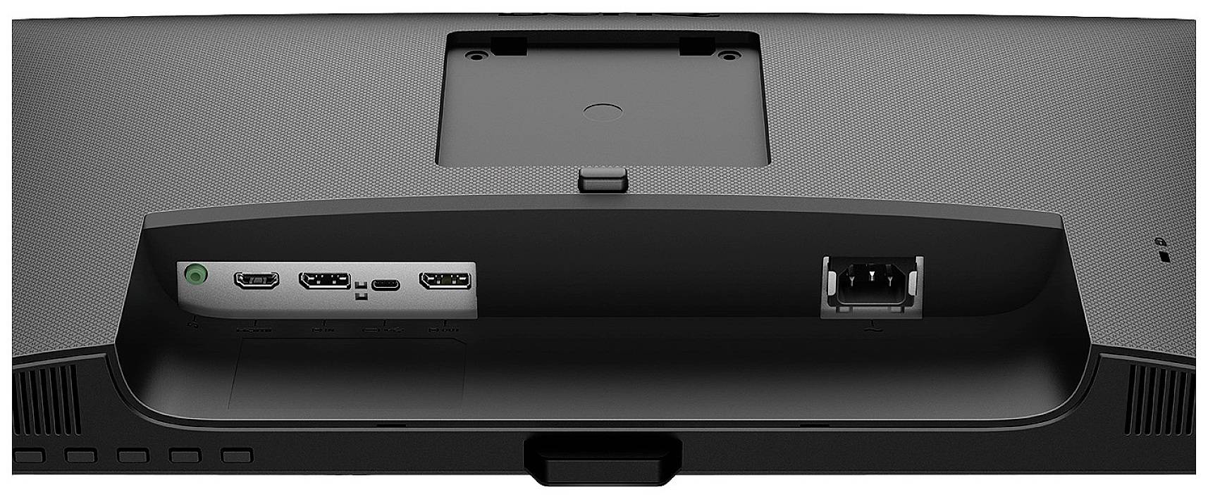 Rückseite eines Monitors mit Anschlüssen: HDMI, DisplayPort, USB und Stromanschluss.