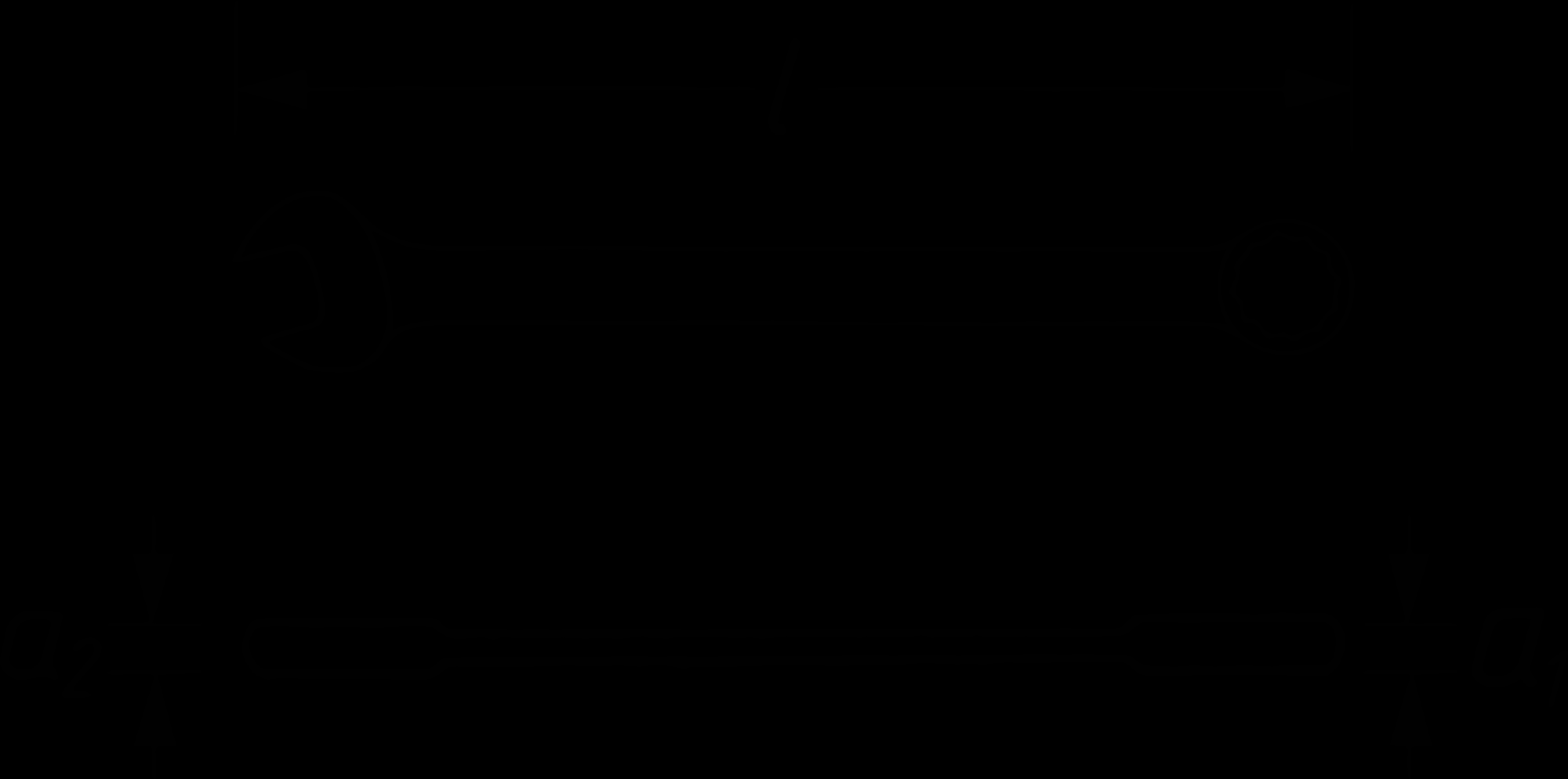 Ein Schraubenschlüssel mit zwei verschiedenen Enden. Länge gekennzeichnet mit 'l'. Breite der Enden als 'a1' und 'a2' markiert.