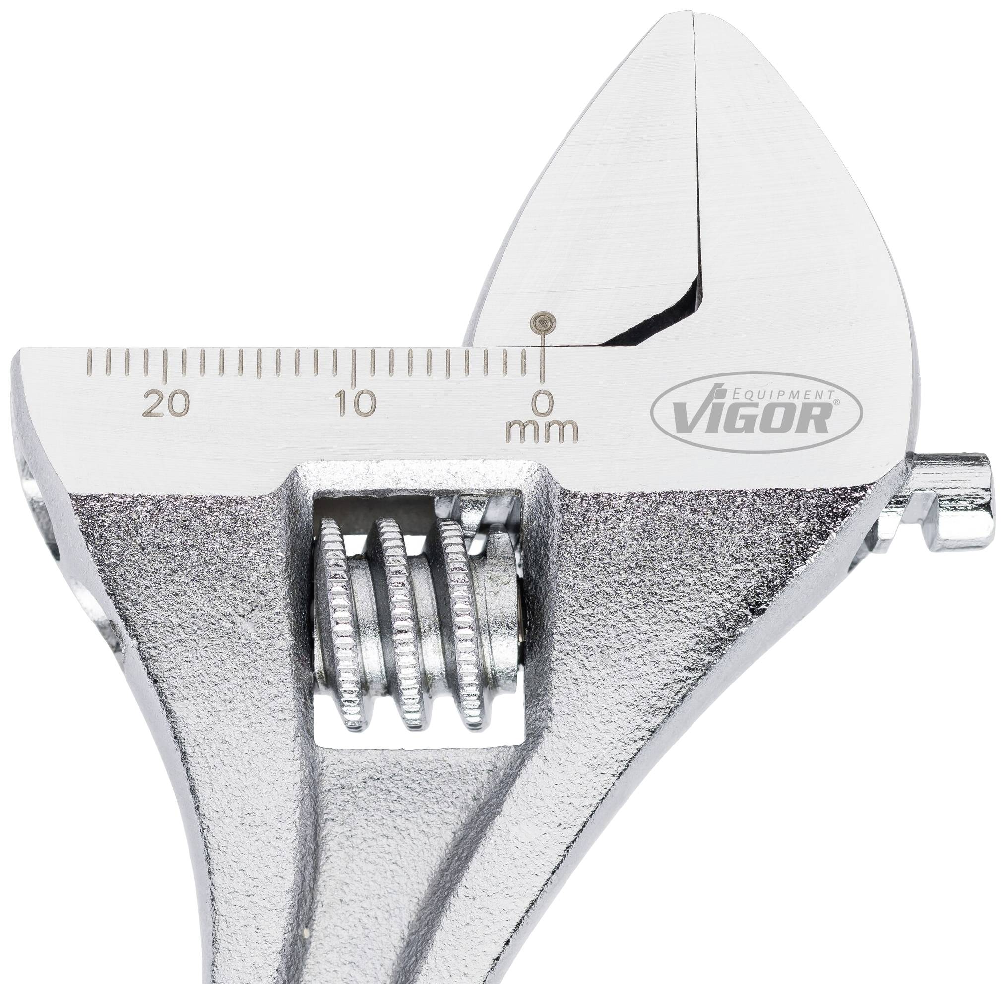 Verstellbarer Schraubenschlüssel aus Metall mit Skala in Millimetern und Logo 'Vigor' auf der Backe.