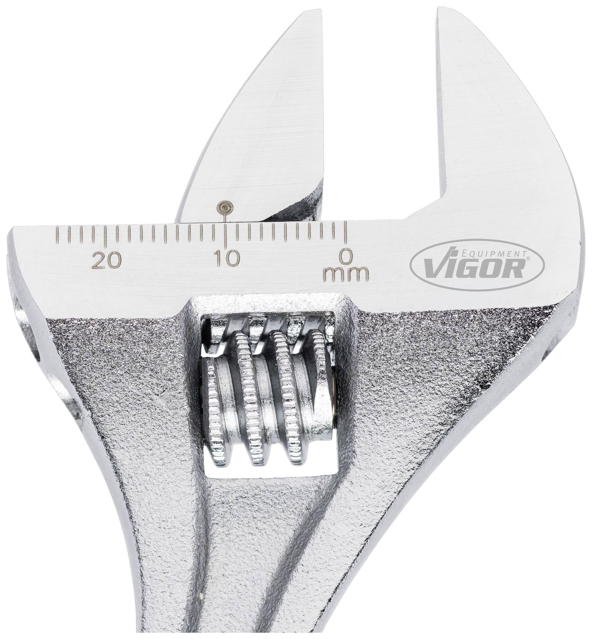 Verstellbarer Schraubenschlüssel aus Metall, silbrig glänzend, mit metrischer Skala von 0 bis 20 mm an der Backe, Markenzeichen 'Vigor'.
