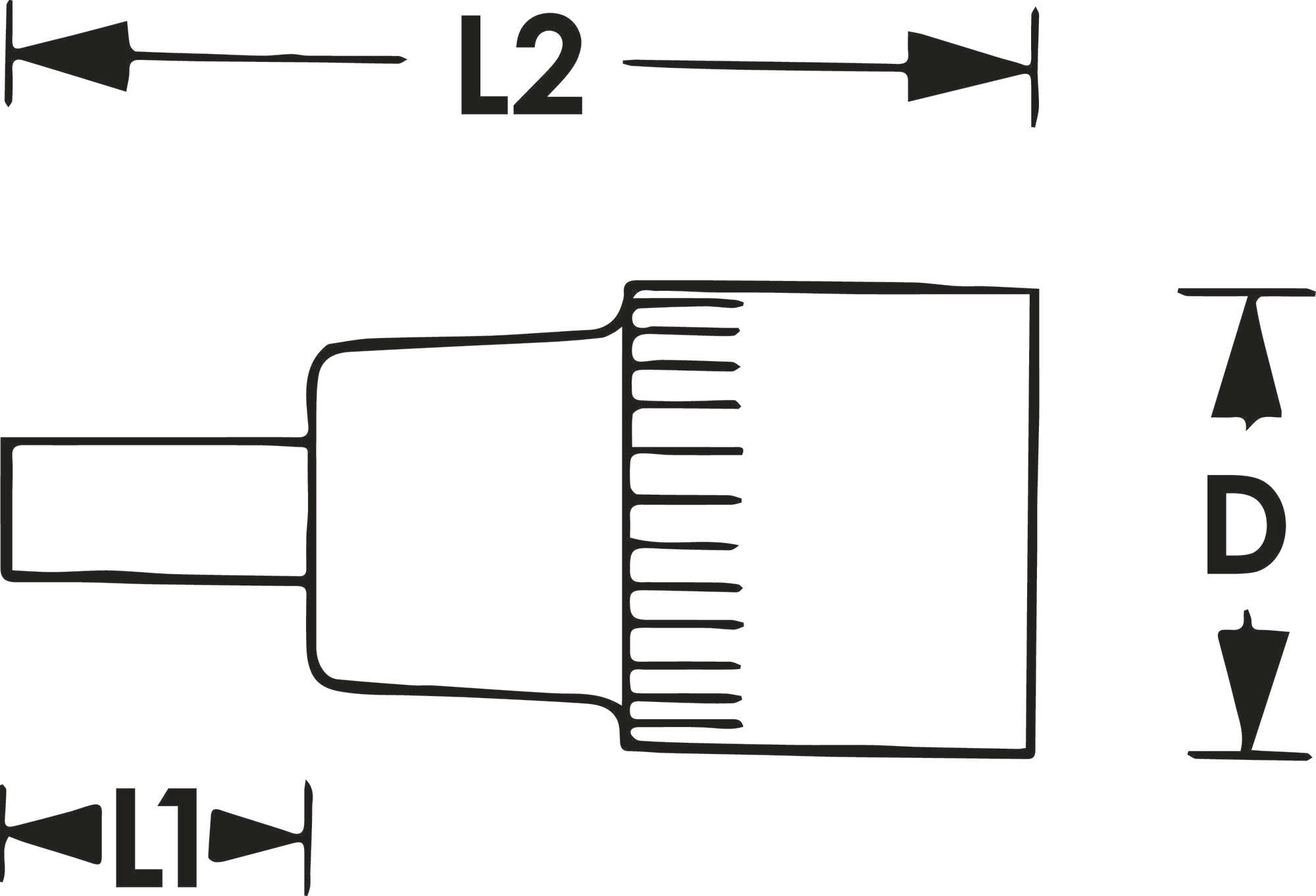 Schema einer Hülse mit zwei horizontalen Längenangaben 'L1' und 'L2' und einer vertikalen Breitenangabe 'D'.