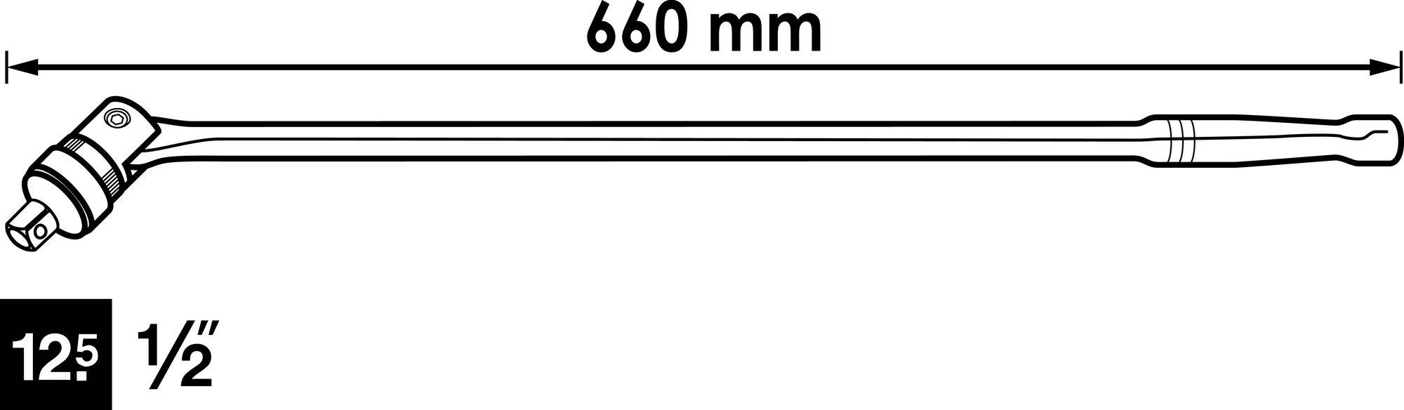 Abbildung eines 660 mm langen Umschaltknarrenschlüssels mit einem 1/2 Zoll Antrieb und einem Drehwinkel von 12,5 Grad.