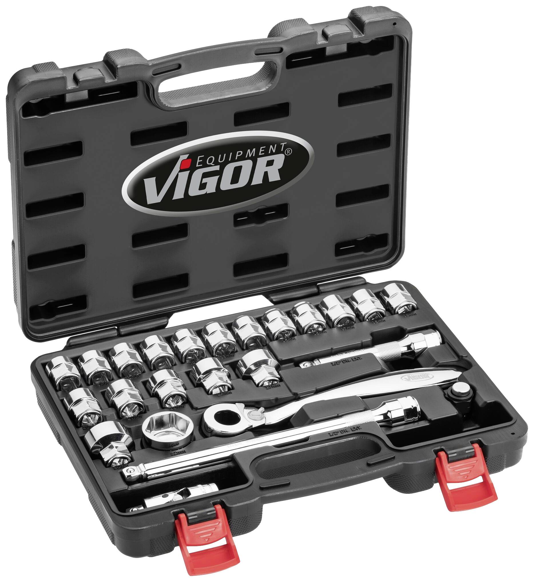 VIGOR Steckschlüssel Satz ∙ superflach ∙ V7202 ∙ Vierkant hohl 12,5 mm (1/2 Zoll) ∙ Außen Sechskant Profil ∙ 8 – 32 ∙ An