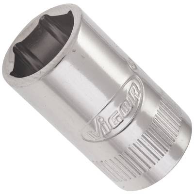 Sechskant-Steckschlüssel aus Metall mit eingeprägtem Firmenlogo. Hochglänzende, zylindrische Form mit geriffeltem Griff für bessere Handhabung.