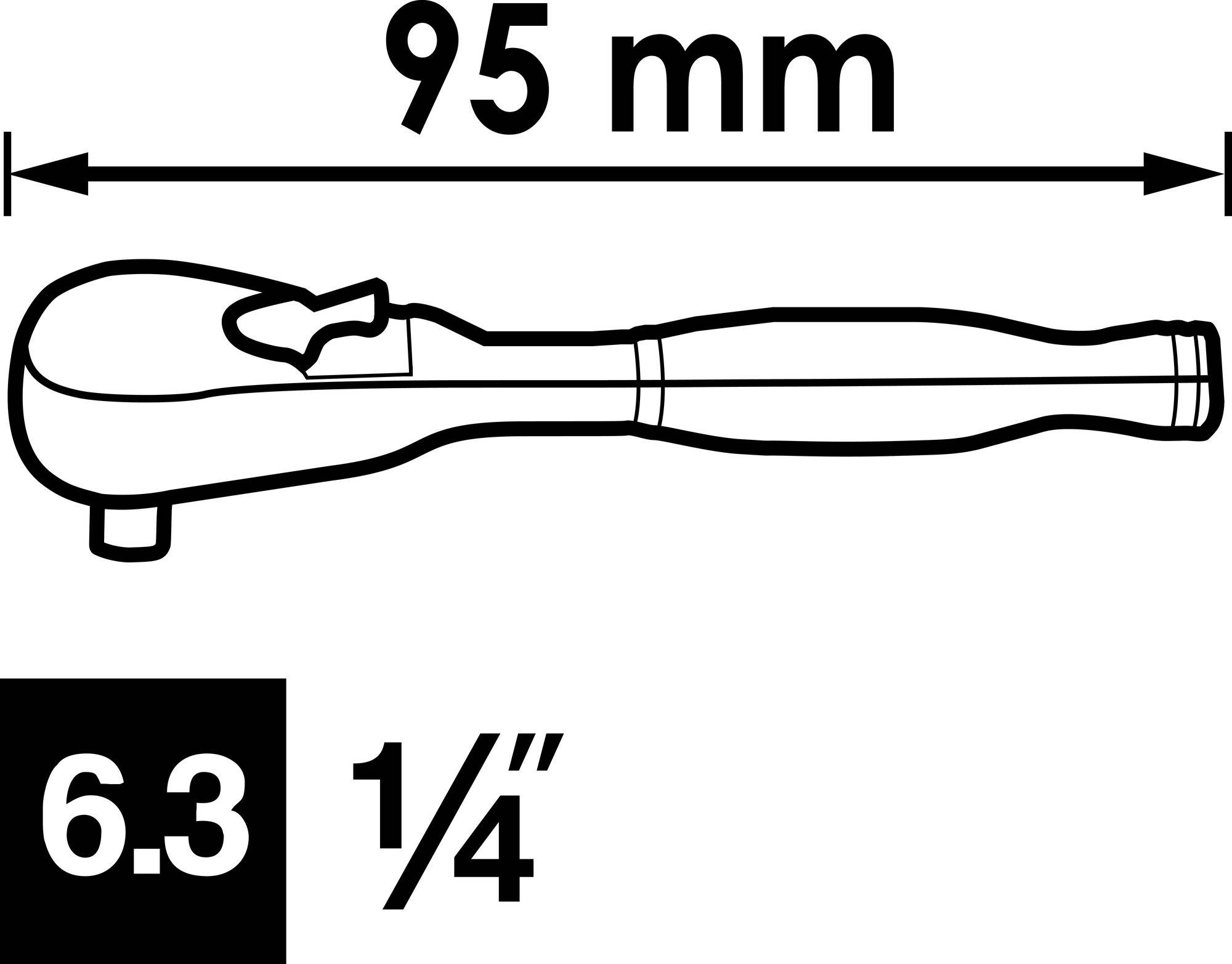 Zeichnung eines Schraubenschlüssels mit Maßen: Länge 95 mm, 6.3 mm oder 1/4 Zoll Anschlussgröße.