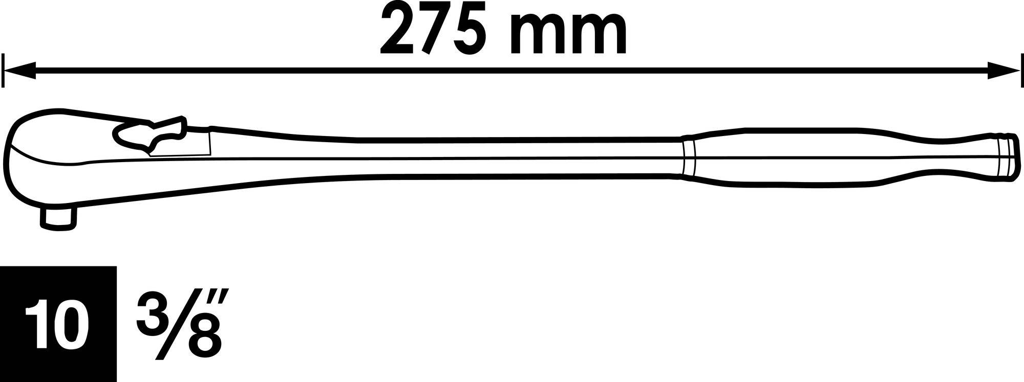 'Ratsche mit 275 mm Länge, Antrieb 10 und 3/8 Zoll.'
